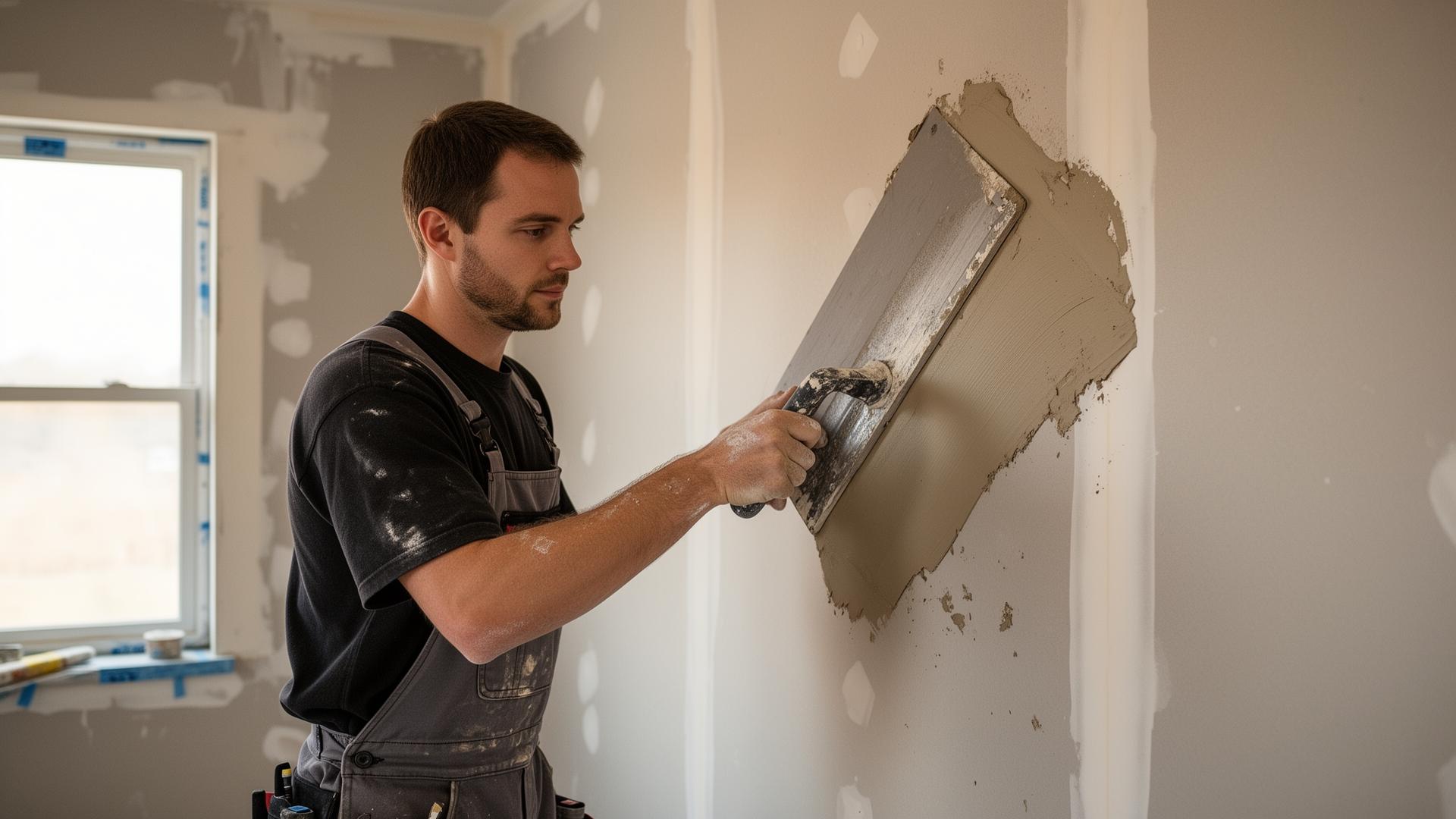 Drywall contractor smoothing fresh joint compound on an interior wall